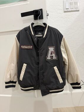 ZARA Black and Cream Varsity Bomber Jacket with Patch